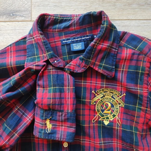 Ralph Lauren Sport Women's Tartan Plaid Preppy Wool Cotton Blend Shirt Red 14 - Picture 11 of 12